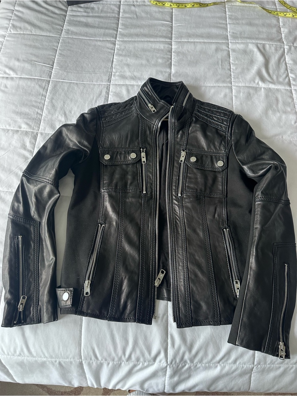 Michael Kors Black Leather Moto Jacket with Zip Details
